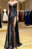 V Neck Open Back Mermaid Black Lace Long Formal Prom Dress with High Slit, Mermaid Black Formal Dress, Black Lace Evening Dress