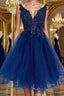 V Neck Short Blue Lace Formal Prom Dress, Blue Lace Homecoming Dress, Short Blue Formal Graduation Evening Dress