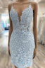 V Neck Short Light Blue Lace Formal Prom Dresses, V Neck Blue Lace Short Graduation Homecoming Dresses
