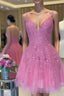 V Neck Short Pink Lace Formal Prom Dresses, V Neck Pink Lace Formal Graduation Dresses
