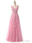 V Neck Tulle A Line Pink Evening Dress Prom Gown