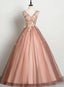 V-neckline Tulle Ball Gown Pink Sweet 16 Dresses, Ball Gown Lace Applique Quinceanera Dress