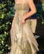 Vintage A Line Spaghetti Straps Gold Long Formal Prom Dresses