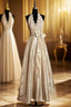 Vintage A Line V Neckline Champagne Lace Formal Prom Gown Fairy Formal Prom Dresses