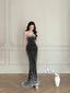 Vintage Black Mermaid Strapless Pearl Velvet Long Formal Prom Dresses