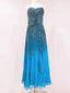 Vintage Blue A-Line Thin Strap Beaded Chiffon Long Formal Prom Dresses