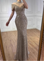Vintage Champagne Brown Mermaid Stand Collar Shoulder Sleeve Full Diamond Sequin Tulle Long Formal Prom Dresses