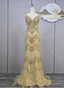 Vintage Champagne Gold Mermaid V-Neck Beaded Embroidered Tulle Long Formal Prom Dresses
