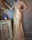 Vintage Mermaid Champagne Gold Sequined Lace Satin Long Formal Prom Dresses