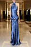 Vintage Mermaid Halter Neck Blue Satin Backless Formal Prom Gown Fairy Formal Prom Dresses