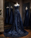 Vintage Mermaid Spaghetti Straps Navy Blue Satin Long Formal Prom Dresses Party Dresses