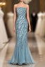 Vintage Mermaid Strapless Tulle Blue Beads Long Formal Prom Gown Fairy Formal Prom Dresses
