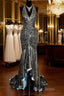 Vintage Mermaid V Neckline Gray Sequin Long Formal Prom Gown Fairy Formal Prom Dresses