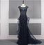 Vintage Navy Blue Mermaid Crew Neck Beaded Tulle Train Formal Prom Dresses