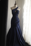 Vintage Navy Blue Mermaid One-Shoulder Satin Long Formal Prom Dresses