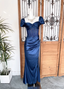 Vintage Navy Blue Mermaid Puff Sleeve Satin Long Formal Prom Dresses
