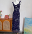 Vintage Navy Blue Spaghetti Strap Printed Lace Tulle Long Formal Prom Dresses