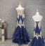 Vintage Navy Blue Sweetheart Neck Lace Rhinestone-Embellished Tulle Long Formal Prom Dresses