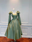 Vintage Olive Green A-Line Bow Strap Satin Tea-Length Formal Prom Dresses