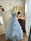 Vintage Princess Light Hazy Blue Strapless Lace Embroidered Tulle Ball Gown Prom Dresses