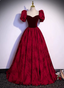 Vintage Royal Burgundy A-Line Puff Sleeve Velvet Satin Long Formal Prom Dresses
