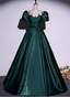 Vintage Royal Emerald Green Crew Neck A-Line Embroidered Satin Long Formal Prom Dresses