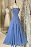 Vintage Soft Blue Spaghetti Strap A-Line Chiffon Birthday Formal Prom Dresses Pretty Graduation Dresses