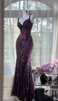 Vintage V Neck Dark Purple Chiffon Sequin Mermaid Long Party Gown Formal Evening Dresses