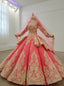 Watermelon Red Ball Gown Lace Appliques Long Sleeve Wedding Dress