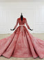 Watermelon Red Ball Gown Sequins V-neck Long Sleeve Beading Wedding Dress