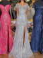 Fuchsia Off-Shoulder Sequined Floral Mermaid Long Formal Prom Dresses with Slit