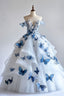 White A-Line Fairytale Tulle Long Formal Prom Dresses With 3D Butterfly Off-The-Shoulder Formal Evening Gown For Birthday&Quinceanera