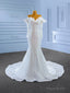 White Mermaid Long Sleeve Sequins Pearls Wedding Dress