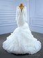 White Mermaid Long Sleeve Tulle Pearls Wedding Dress