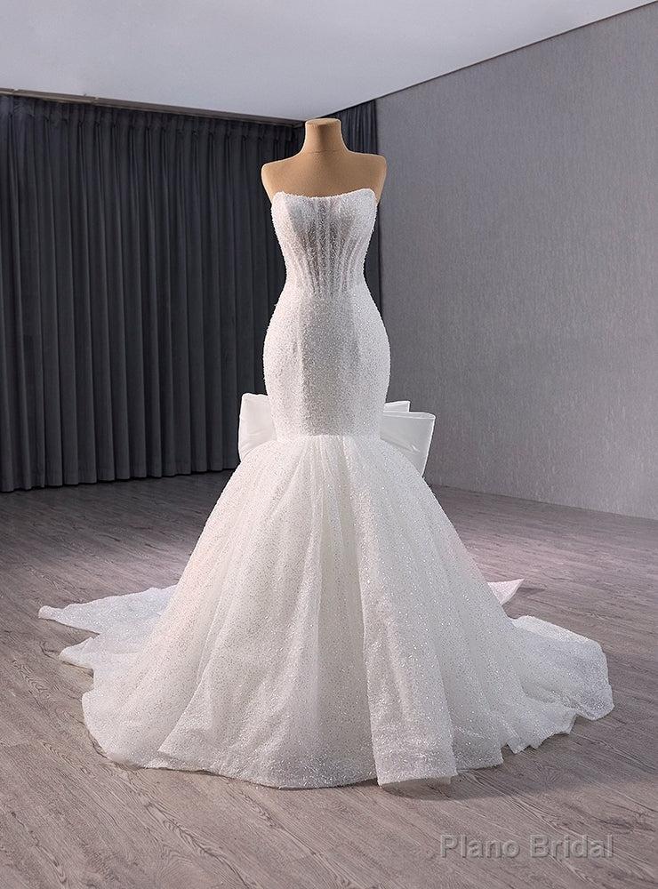 White Pleated Mermaid Wedding Dress with Bow