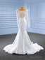 White Satin Long Sleeve Pearls Pleats Wedding Dress