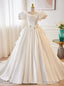 White Satin Puff Sleeve Backless Flower Wedding Dress