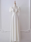 White Satin Square Puff Sleeve Pleats Pearls Wedding Dress