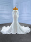 White Sequins Tulle Mermaid Wedding Dress With Detachable Sleeve