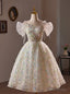 White Tulle Flower Sequins Short Sleeve Homecoming Dress