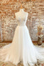 White Tulle Lace Long Prom Dress, A-Line V-Neck Formal Evening Dress