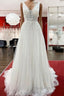 White Tulle Lace Wedding Dresses A-Line V Neck Bridal Dresses With Sweep Train Sleeveless Floor Length