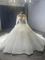 White Tulle Long Sleeve Appliques High Neck Wedding Dress With Lon Train