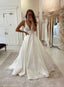 White V Neck Satin Lace Long Formal Prom Dresses Formal Evening Dresses
