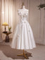 White V Neck Satin Tea Length Prom Dress, White Formal Dress With Beading