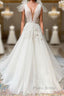 White V Neck Tulle Lace Long Wedding Dresses