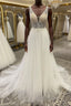 White v neck tulle sequin beads long Formal Prom dress, A line evening dress