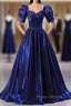 Wholesale Blue Satin Floor Length Formal Prom Dresses A-Line Short Sleeve Backless Evening Party Dresses