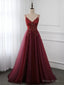 Wine Red Long Tulle V-neckline Beaded Junior Prom Dress, Dark Red Party Dress