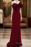 Wine Red Mermaid Evening Gown With Leg Slit, Straps Long Formal Prom Dresses
